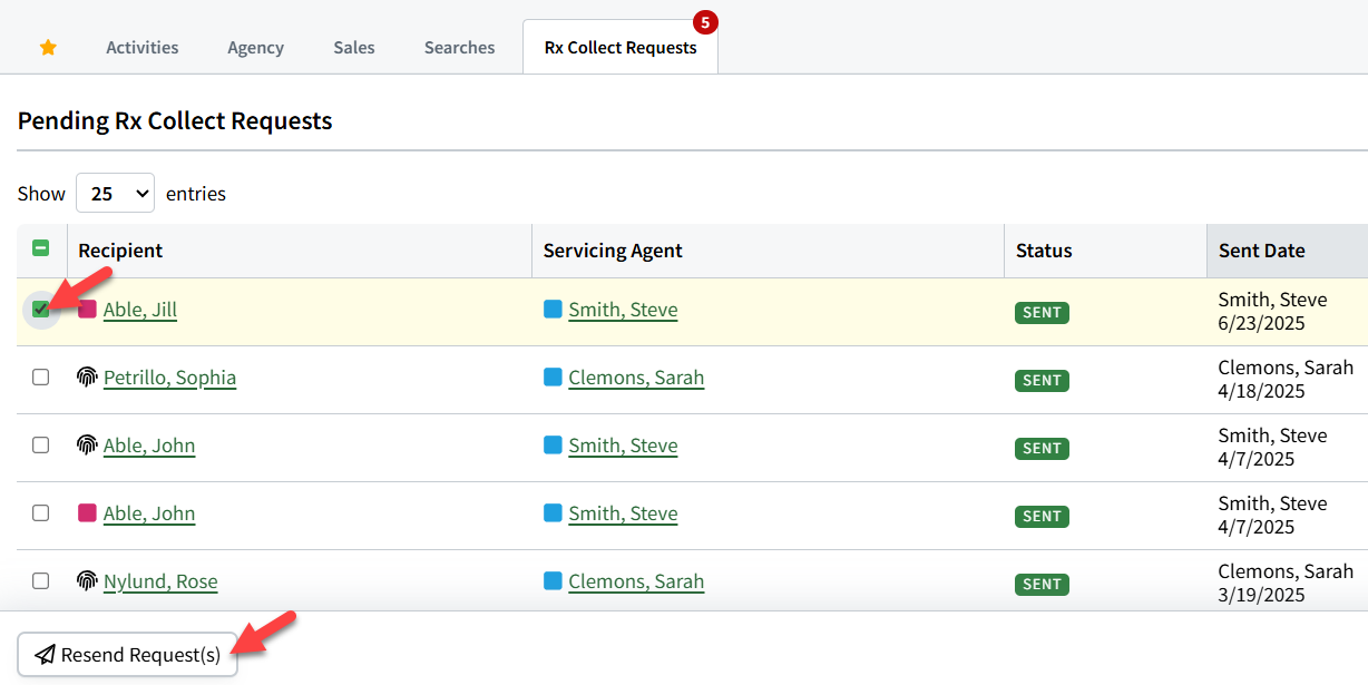 Screenshot showing how to resend a single Rx Collect request from the dashboard