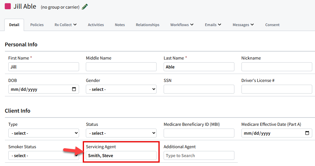 Screenshot highlighting the Servicing Agent field on an Individual Record
