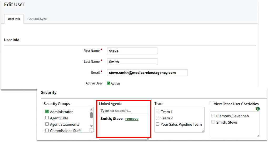 Image showing where to add Linked Agents in a user account profile