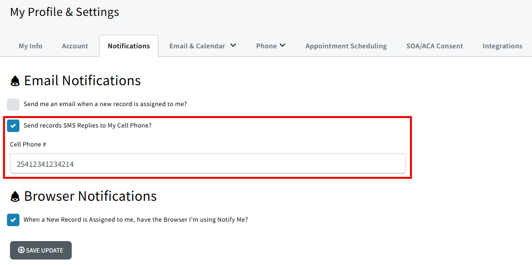 Screenshot highlighting the cell phone number field on the Notifications tab of My Account Settings