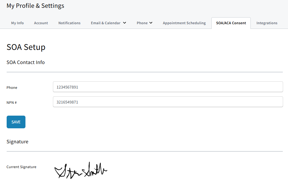 Screenshot showing the SOA and ACA Consent tab in My Account Settings
