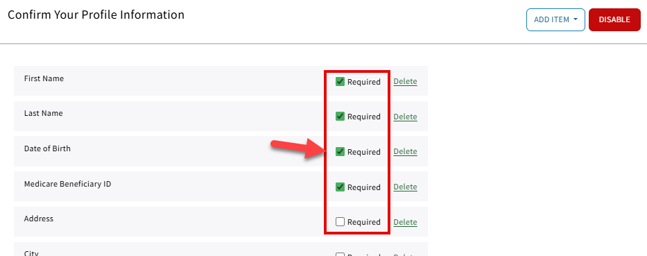 Screenshot showing how to make input fielsd on the Profile Information section required in Rx Collect settings