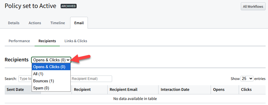 Screenshot highlighting the Recipients dropdown menu on the Recipients sub-tab
