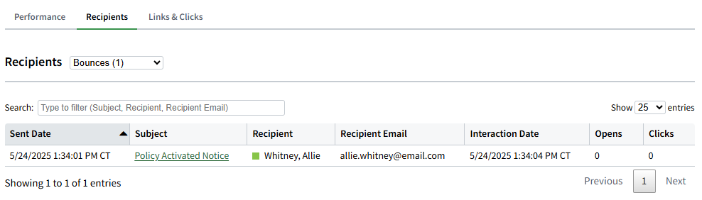 Screenshot showing a list of bounced emails for the workflow