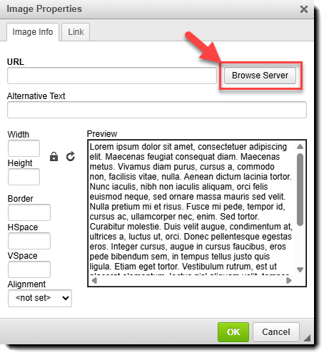 Screenshot emphasizing the Browse Images button in the Image Properties pop-up window