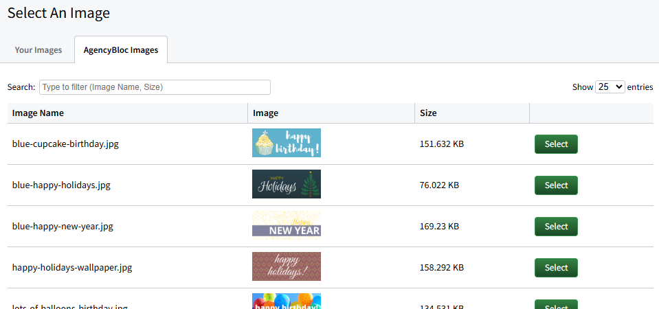 Screenshot showing AgencyBloc images in the image library