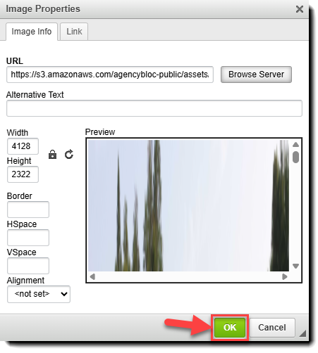 Screenshot showing how to click the Ok button to insert the image into email