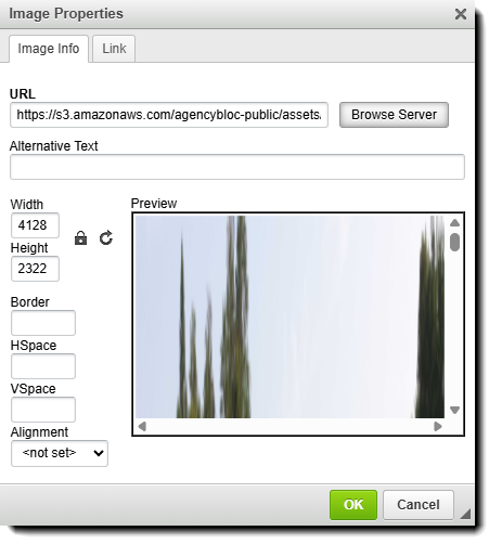 Screenshot showing the Image Properties pop-up window