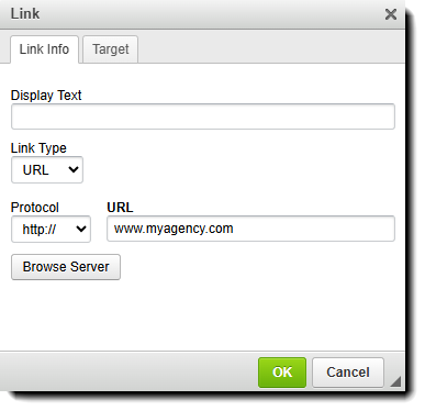 Screenshot showing the Link Info tab