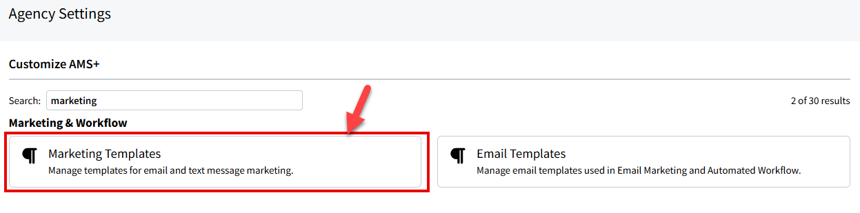 Screenshot showing how to navigate to Marketing Templates in My Agency Settings