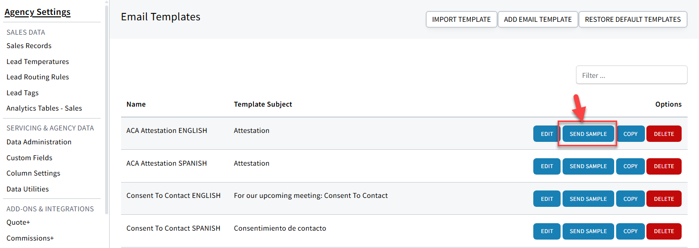 Screenshot highlighting the Send Sample button next to an email Marketing Template