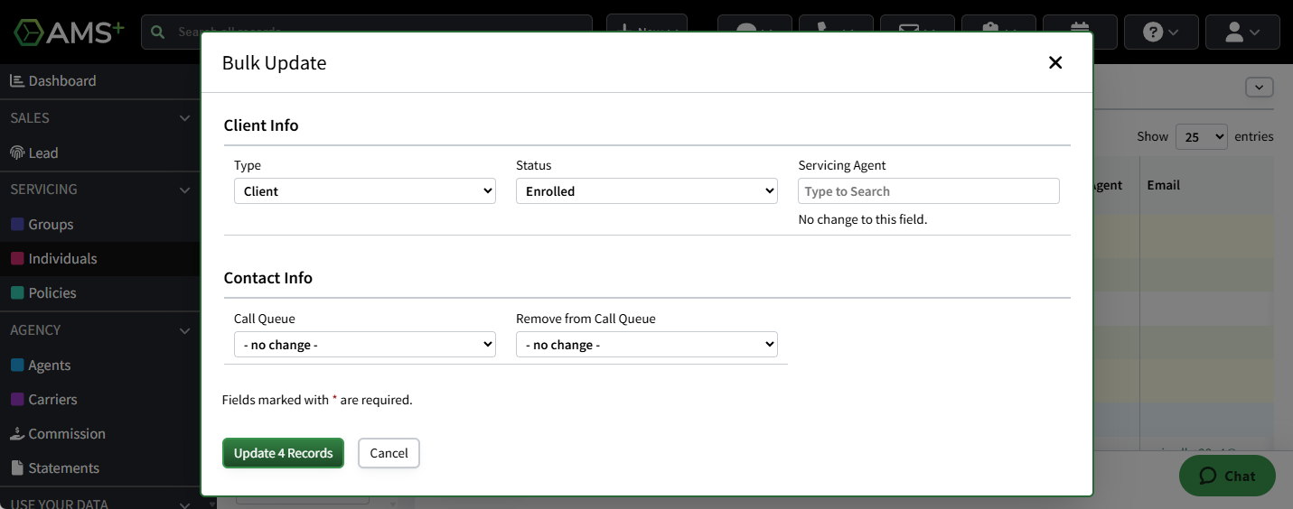 Screenshow showing the Bulk Update popup
