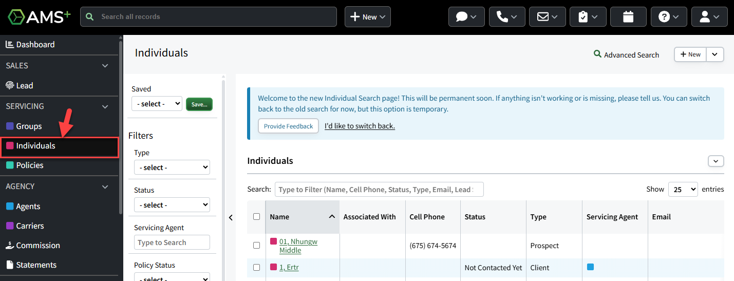 Screenshot showing how to navigate to the Individuals page