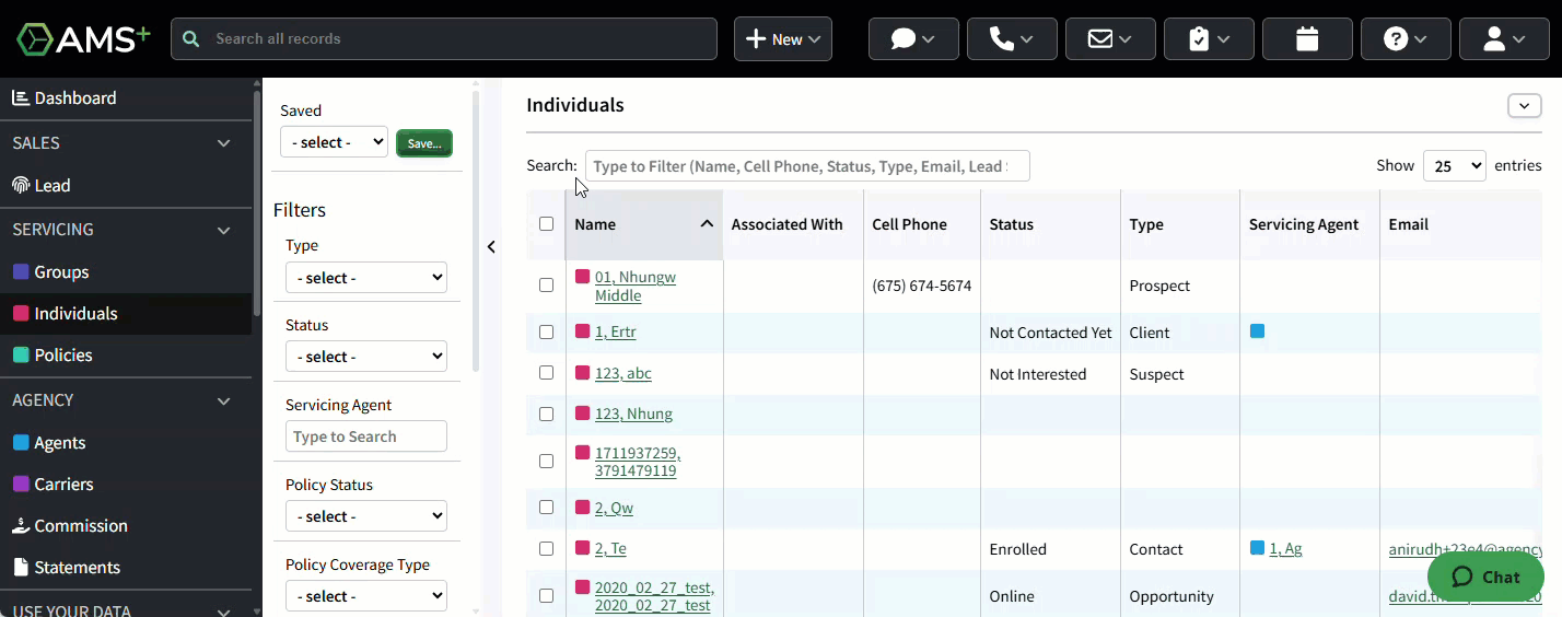 Animated image showing how to select Individual Records to bulk update on the Individuals page