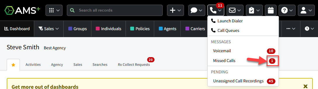 Screenshot emphasizing the missed calls badge count