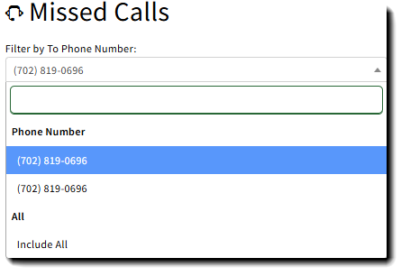 Screenshot showing how to filter missed calls by phone number