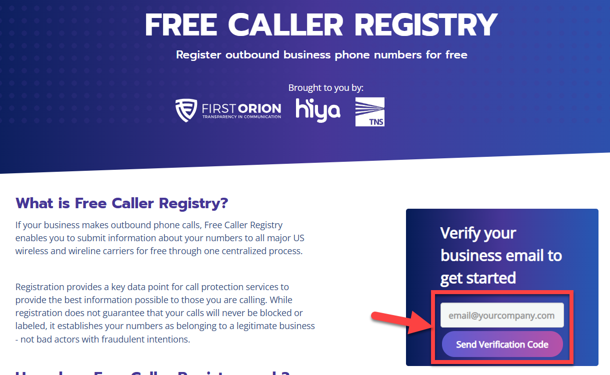 Screenshot showing how to send the verification code to business email