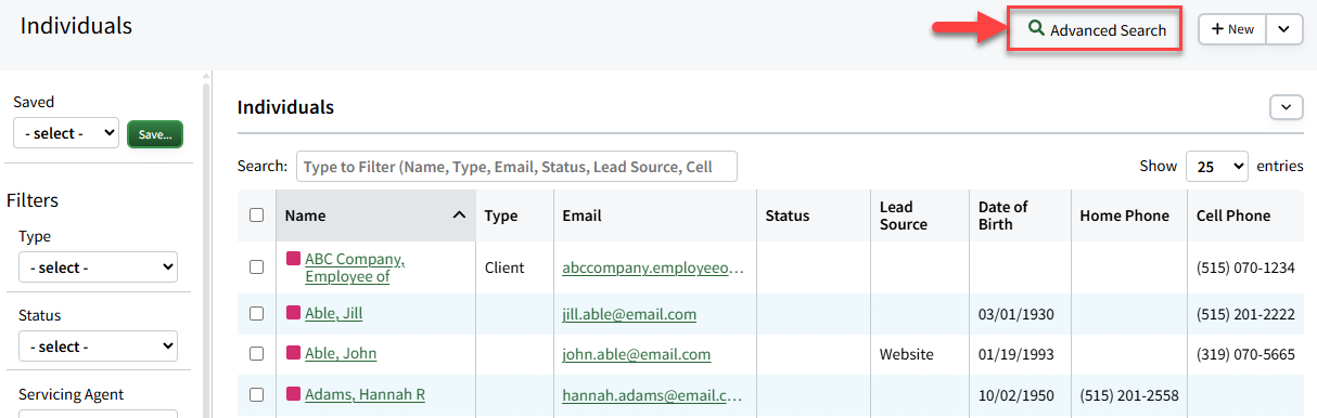 Screenshot showing how to navigate to the Individual Advanced Search page