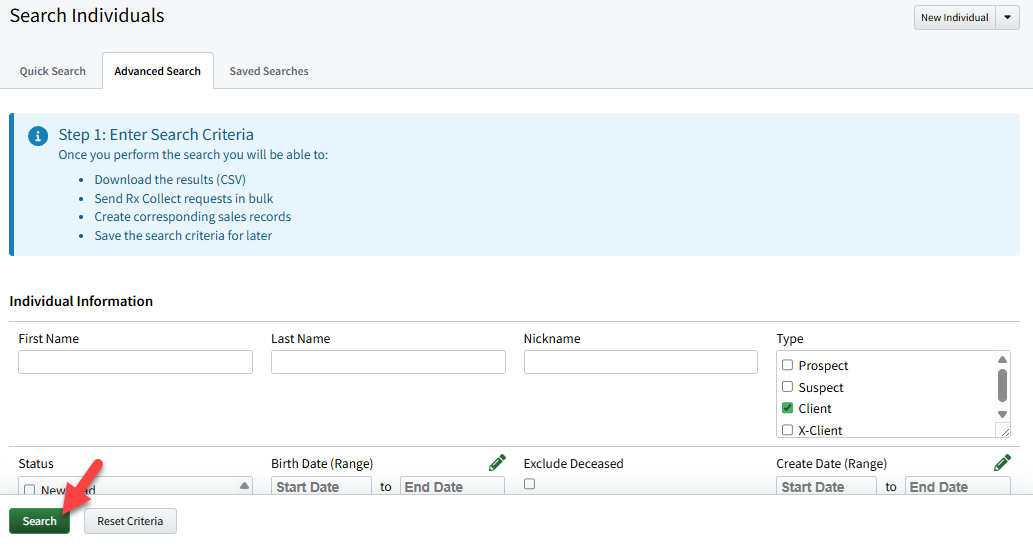 Screenshot highlighting the Search button on the Advanced Search page