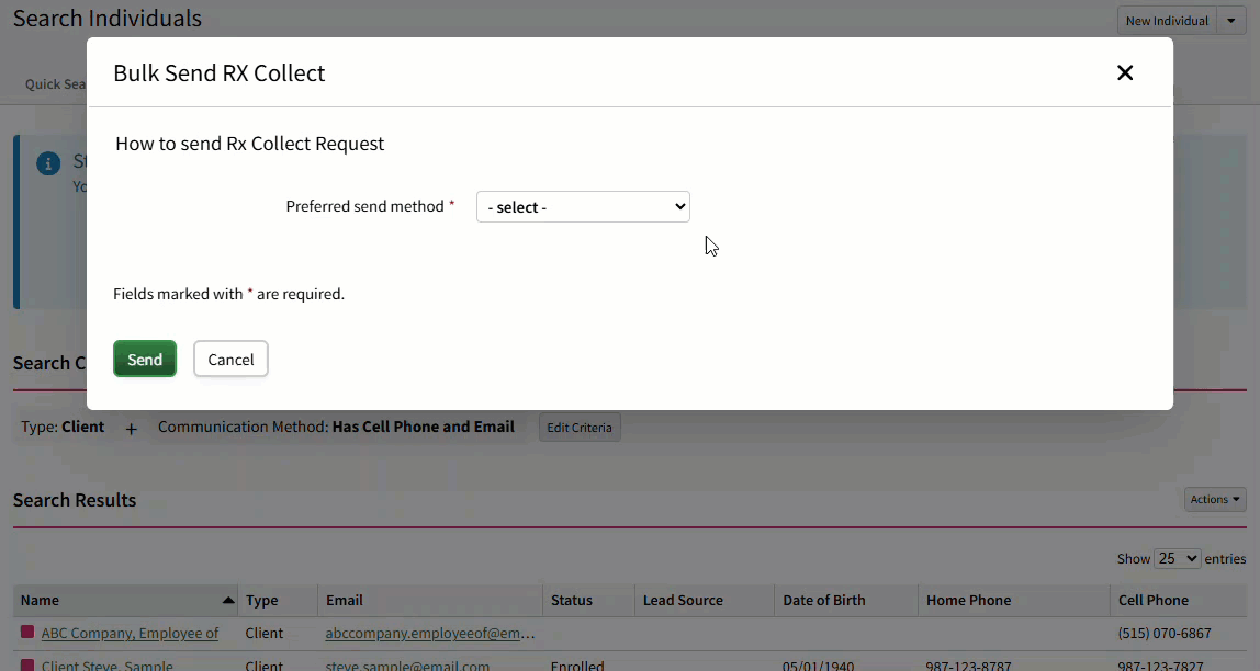 Animated image showing how to select a send method in the Bulk Send Rx Collect pop-up