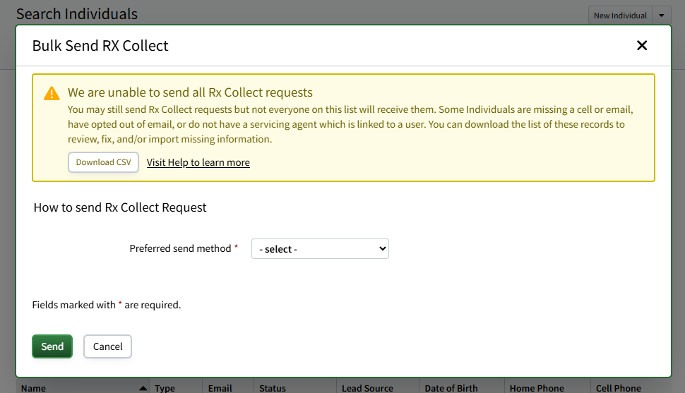 Screenshot showing a warning message in the Bulk Send Rx Collect pop-up when there are records that don't meet the send criteria