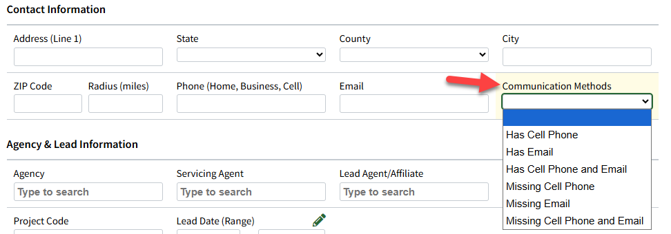 Screenshot highlighting the Communication Methods filter in the Advanced Search criteria
