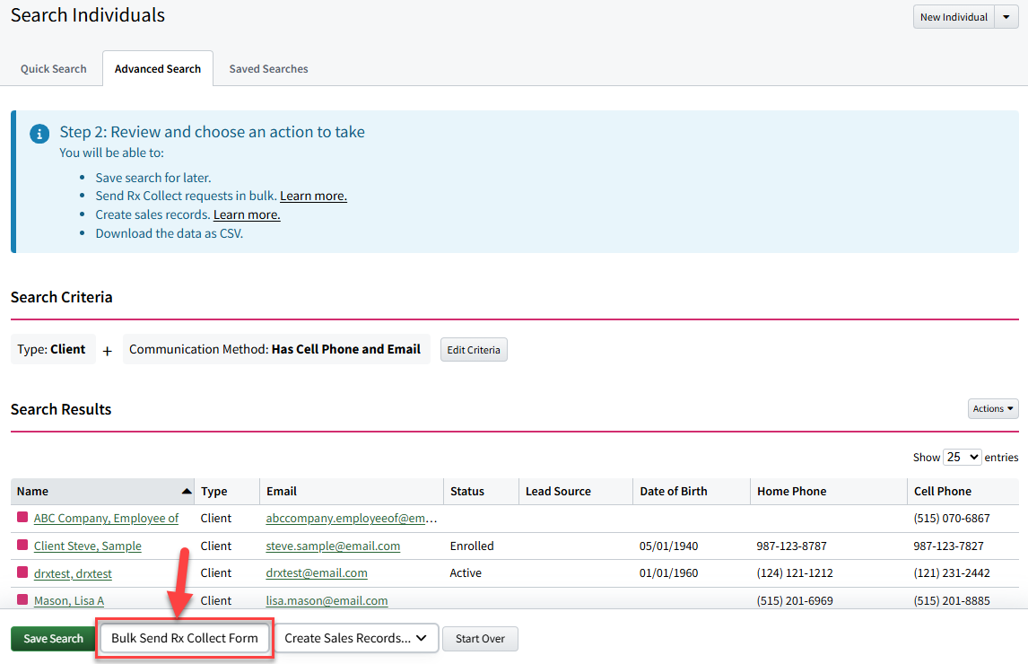Screenshot highlighting the Bulk Send Rx Collect Form button on the Advanced Search results page