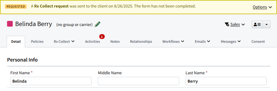 Screenshot showing the Rx Collect status banner on an Individual Record
