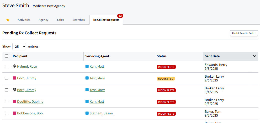Screenshot showing the statuses of Rx Collect requests on the dashboard