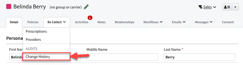 Screenshot showing how to navigate to the Rx Collect Change History tab on an Individual Record