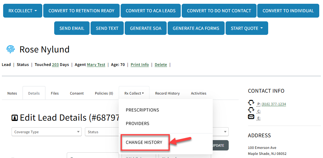 Screenshot showing how to navigate to the Rx Collect Change History tab on a Sales Record
