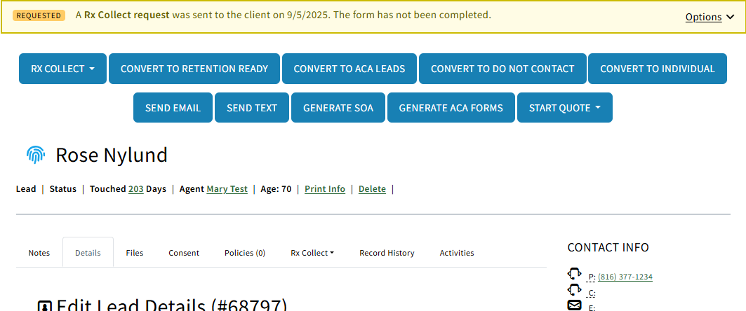 Screenshot showing the Rx Collect status banner on a Sales Record