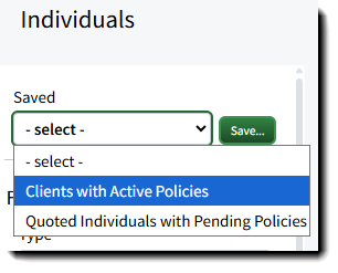 Screenshot showing how to select a saved search on the Individuals page