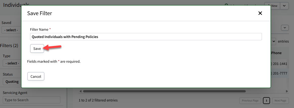 Screenshot showing how to name and save a search on the Individuals page