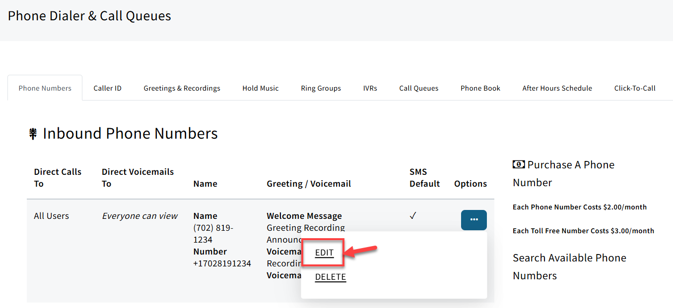 Screenshot showing how to edit a phone number and access its settings