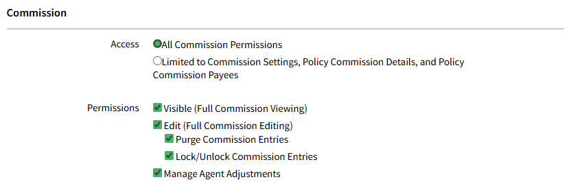 Screenshot highlighting the access settings for commission permissions in a Security Group