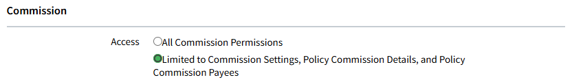 Screenshot highlighting the limited access settings for commission permissions in a Security Group