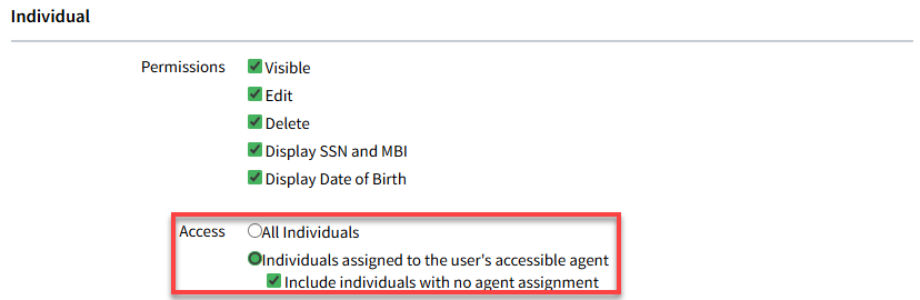 Screenshot highlighting the access settings for Individual permissions in a Security Group