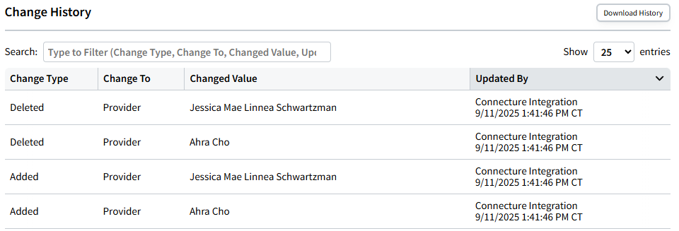 Screenshot showing changes made by the Connecture integration in an Individual Record's Rx Collect Change History