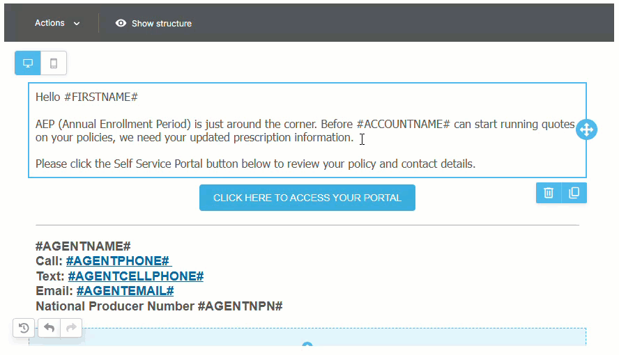 Animated image showing how to insert a custom Merge Tag into a Sales email template