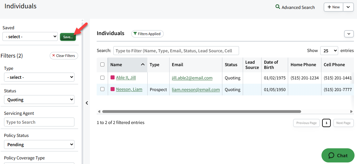 Screenshot hightlighting the Save button next to the Saved dropdown menu on the Individuals page