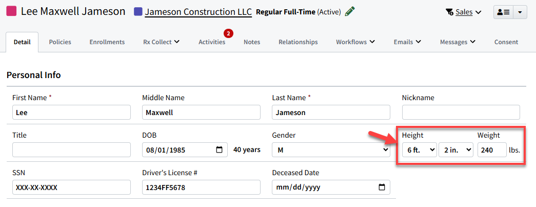 Screenshot highlighting the height and weight fields on an Individual Record