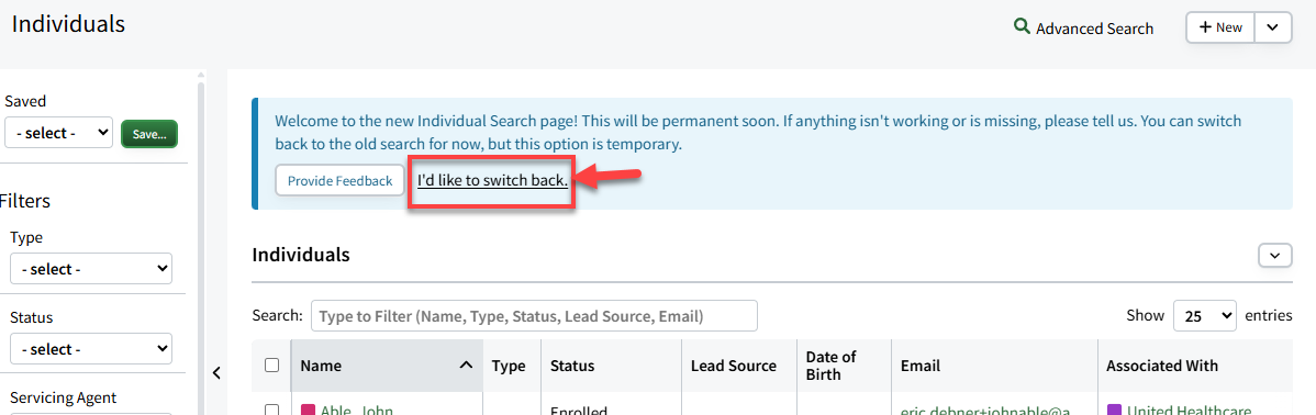 Screenshot showing the updated banner on the Individual Search page and highlighting the Switch Back link