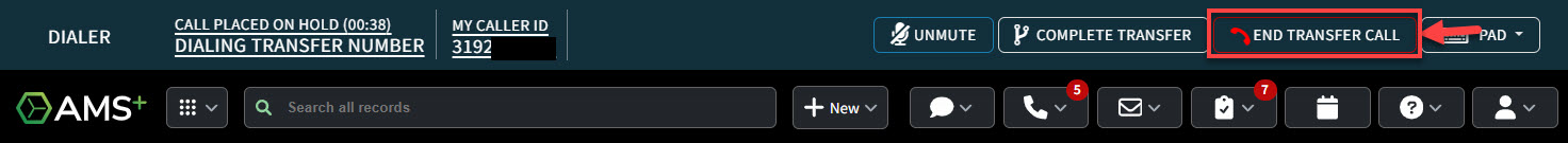 Screenshot showing the End Transfer Call button in the Dialer interface