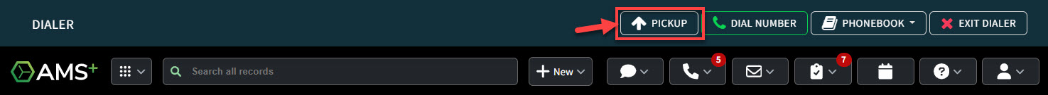 Screenshot showing the Pickup button in the Dialer interface