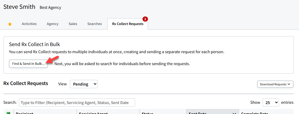 Screenshot showing how to find and bulk send Rx Collect requests using Individual Advanced Search