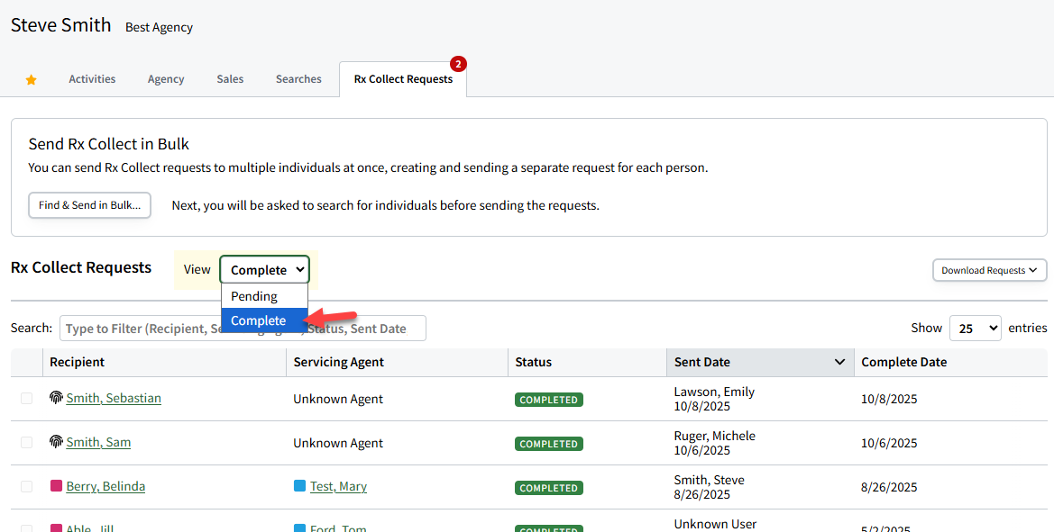 Screenshot showing completed Rx Collect requests on the Rx Collect Requests dashboard