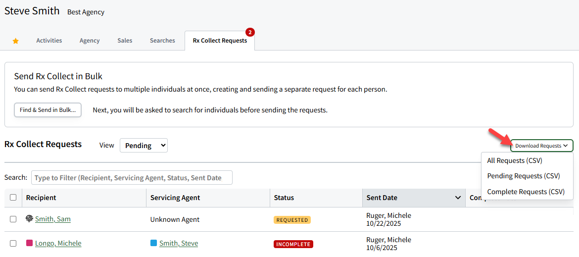 Screenshow showing how to download a list of Rx Collect requests from the Rx Collect Requests dashboard
