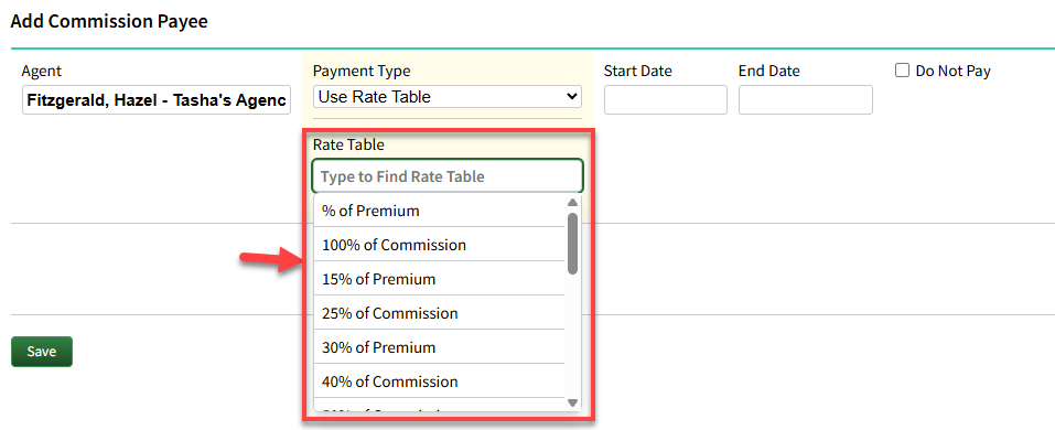 Screenshot showing the the rate table type-to-search field on the Policy Commission Payees screen