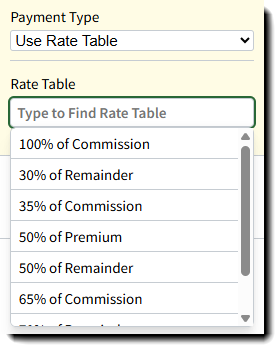 Screenshot showing the rate table payment type